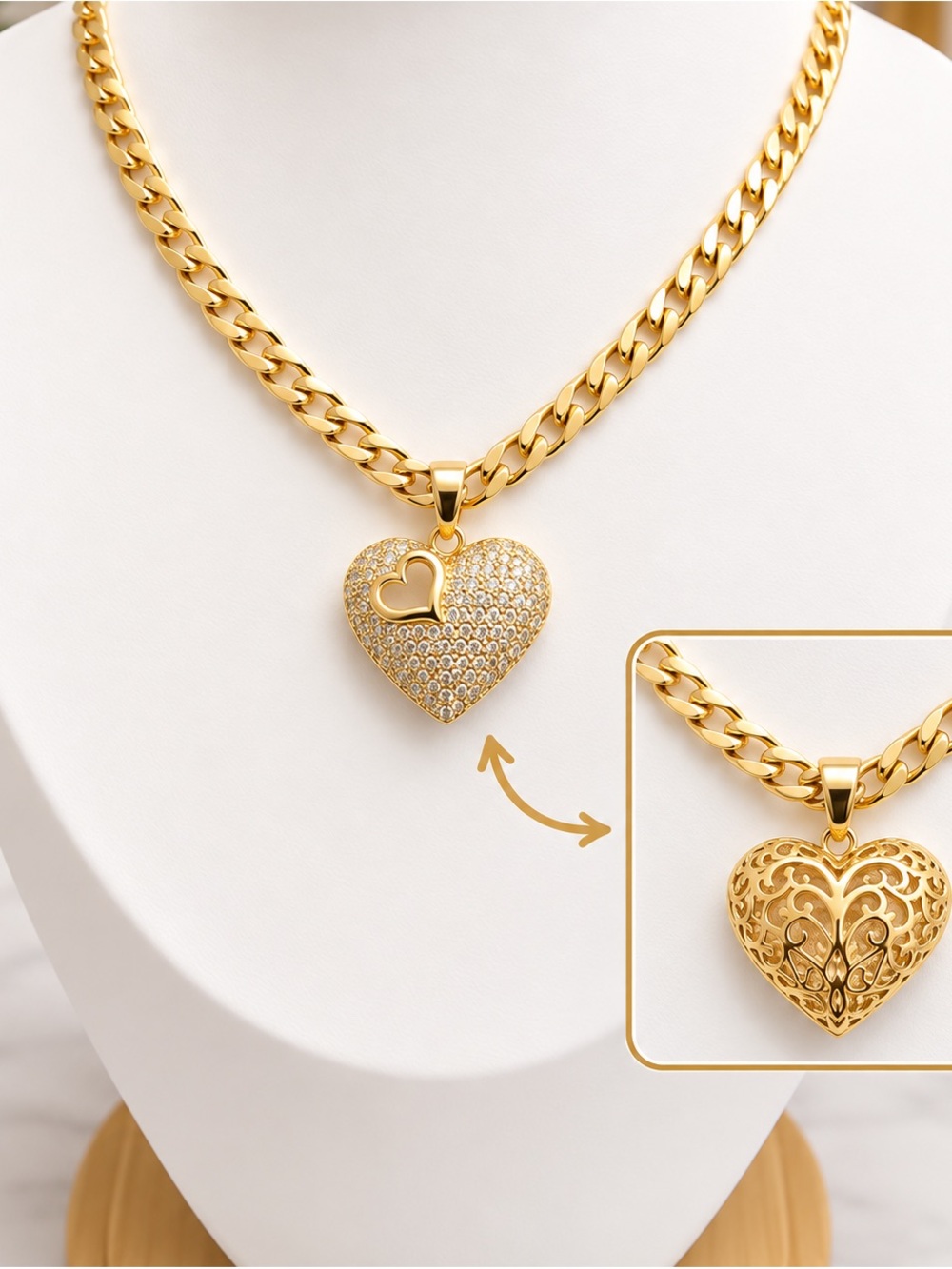 Reversible Gold Heart Pendant Necklace with Pave Crystals